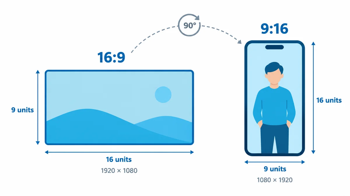 9:16 aspect ratio compared with 16:9, showing 9 units wide by 16 units tall.