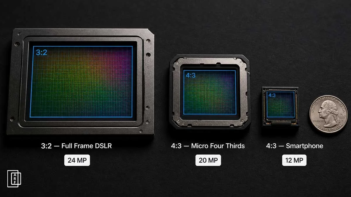Three camera sensors shown side by side with aspect ratio overlays: a full-frame DSLR sensor in 3:2, a Micro Four Thirds sensor in 4:3, and a smartphone sensor with aspect ratio grid lines visible