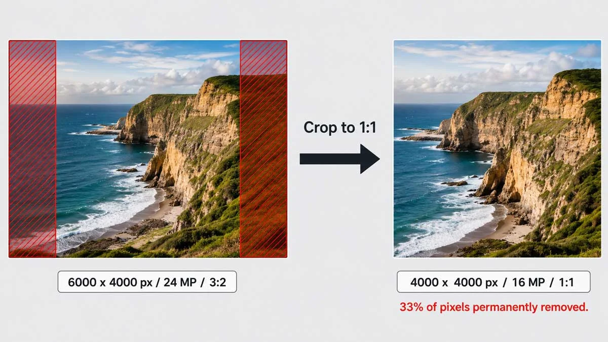 Diagram showing a 3:2 photograph being cropped to a 1:1 square, with the removed pixel areas highlighted in red to show permanent pixel loss
