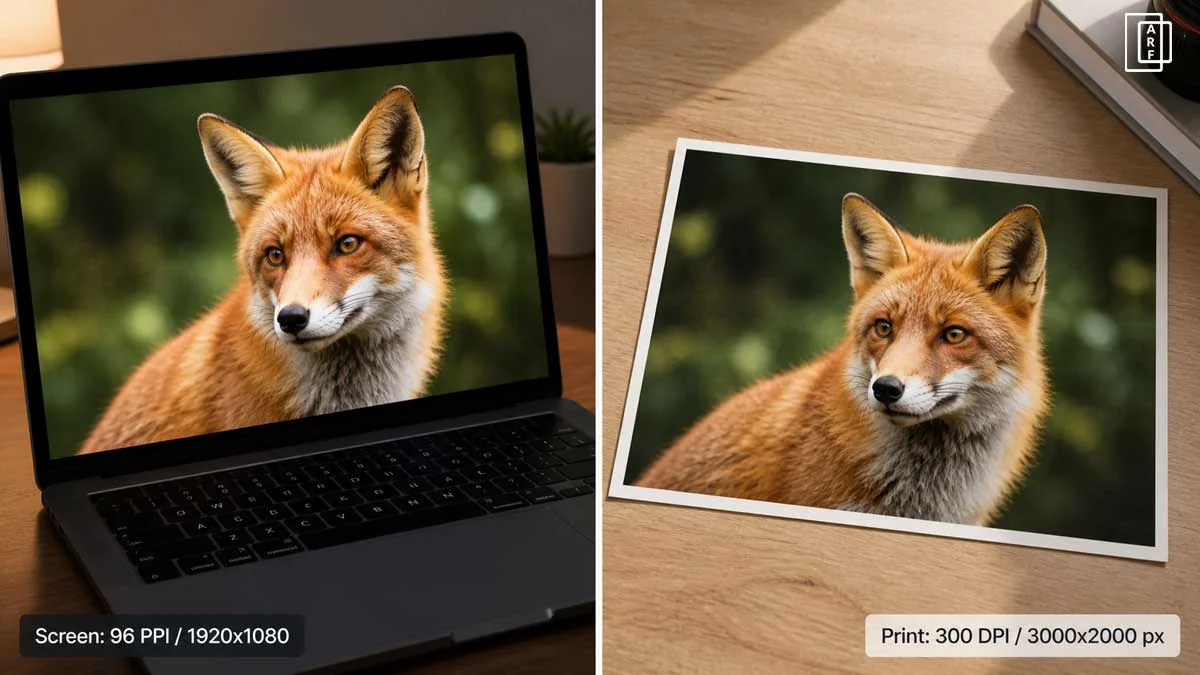 Split image comparing the same photograph displayed on a laptop screen at 96 PPI on the left, and printed as a high-quality photo print at 300 DPI on the right, highlighting the difference between screen and print resolution