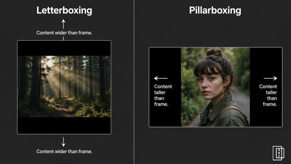 Side-by-side diagram showing letterboxing with black bars on top and bottom, and pillarboxing with black bars on the left and right of a video frame