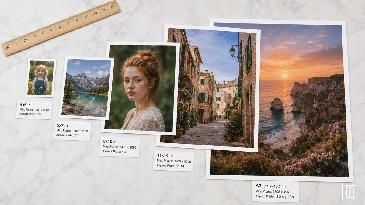A flat lay of five photographic prints arranged by size from small to large on a white surface, each labelled with its print dimensions and the minimum pixel count required for 300 DPI quality printing