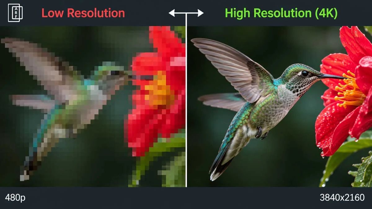 Split image showing the same photograph at low resolution with visible pixelation on the left and in sharp 4K detail on the right, demonstrating how resolution affects image quality