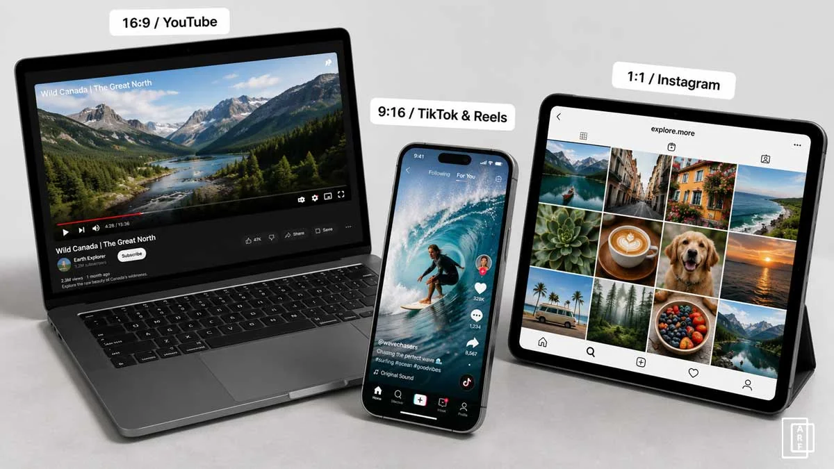 Three devices showing different video platform formats: a laptop displaying YouTube in 16:9 widescreen, a smartphone showing a TikTok video in 9:16 vertical, and a tablet showing an Instagram feed